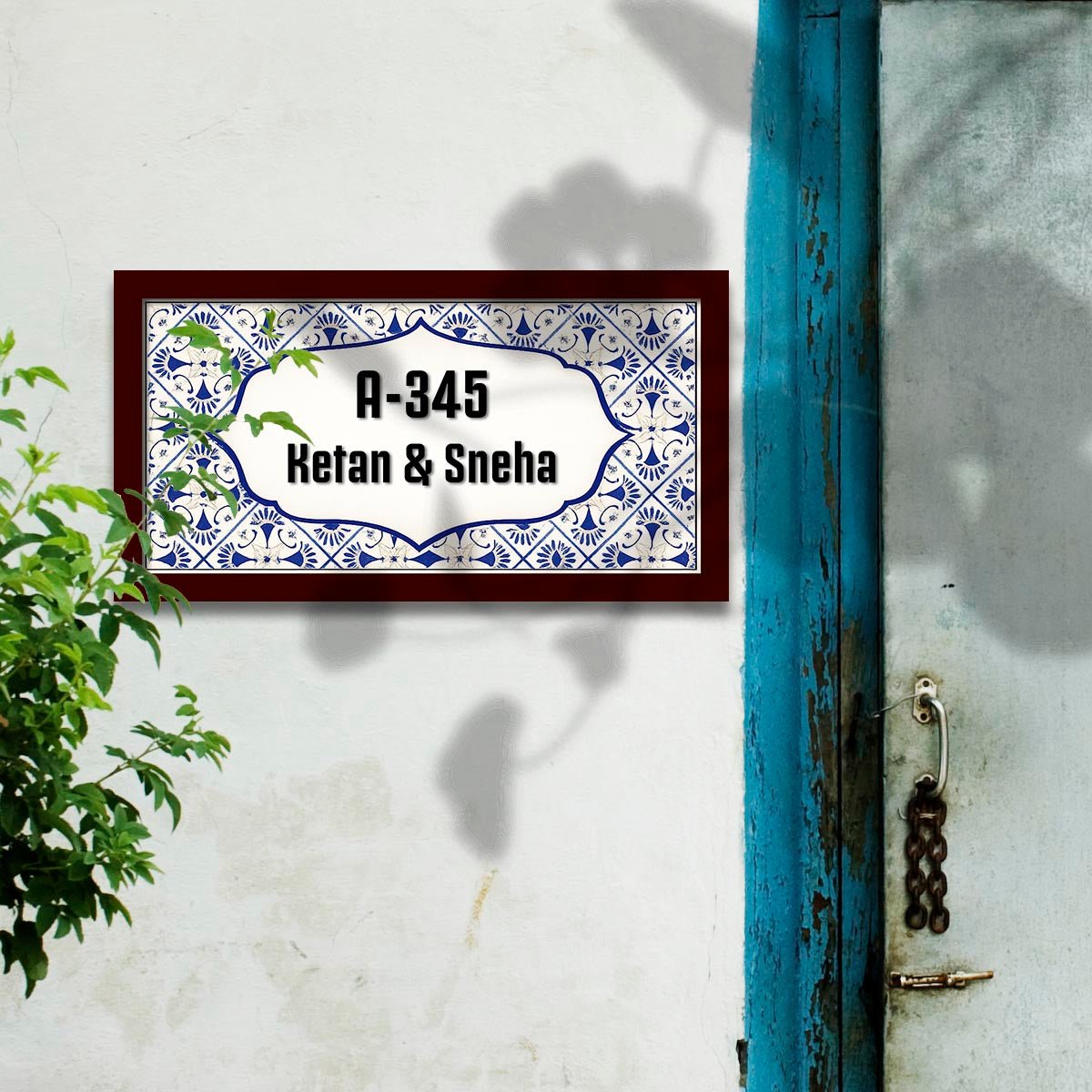 Tile-Border Blue Name Plate for House Door – Couple Framed - Sblossom