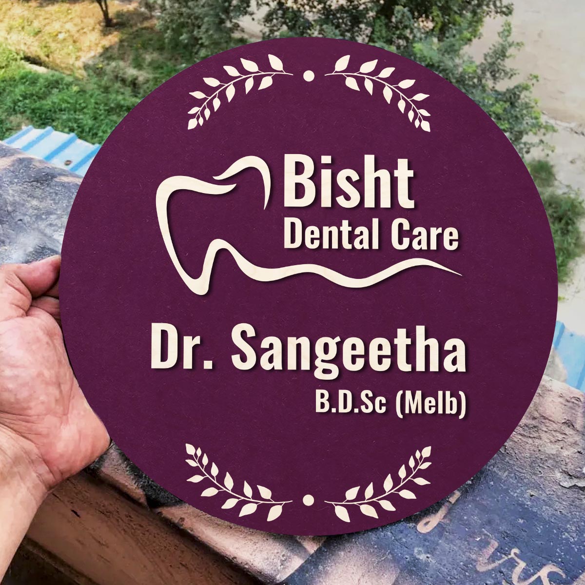 Tooth-Motif Deep Maroon Doctor Name Plate for Clinic - Sblossom