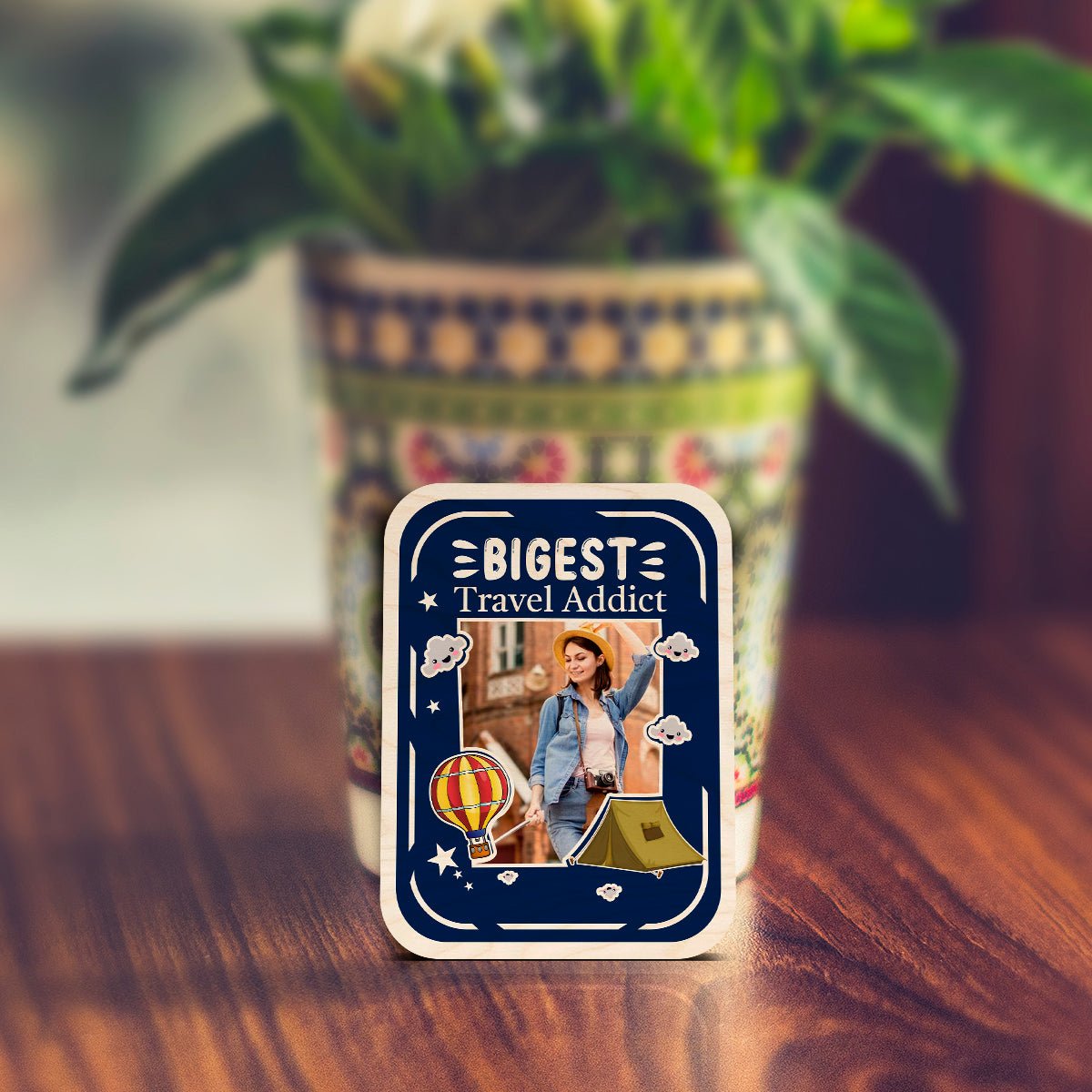 Travel Photo Fridge Magnet in Wood with Travel Addict Design - Sblossom