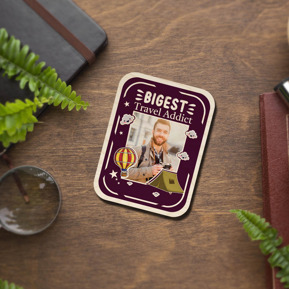 Travel Photo Fridge Magnet in Wood with Travel Addict Design - Sblossom