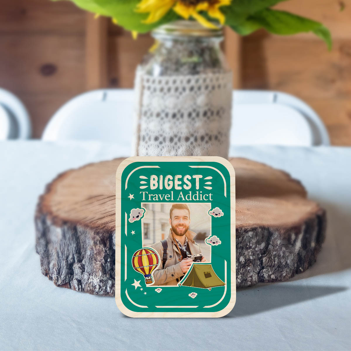 Travel Photo Fridge Magnet in Wood with Travel Addict Design - Sblossom