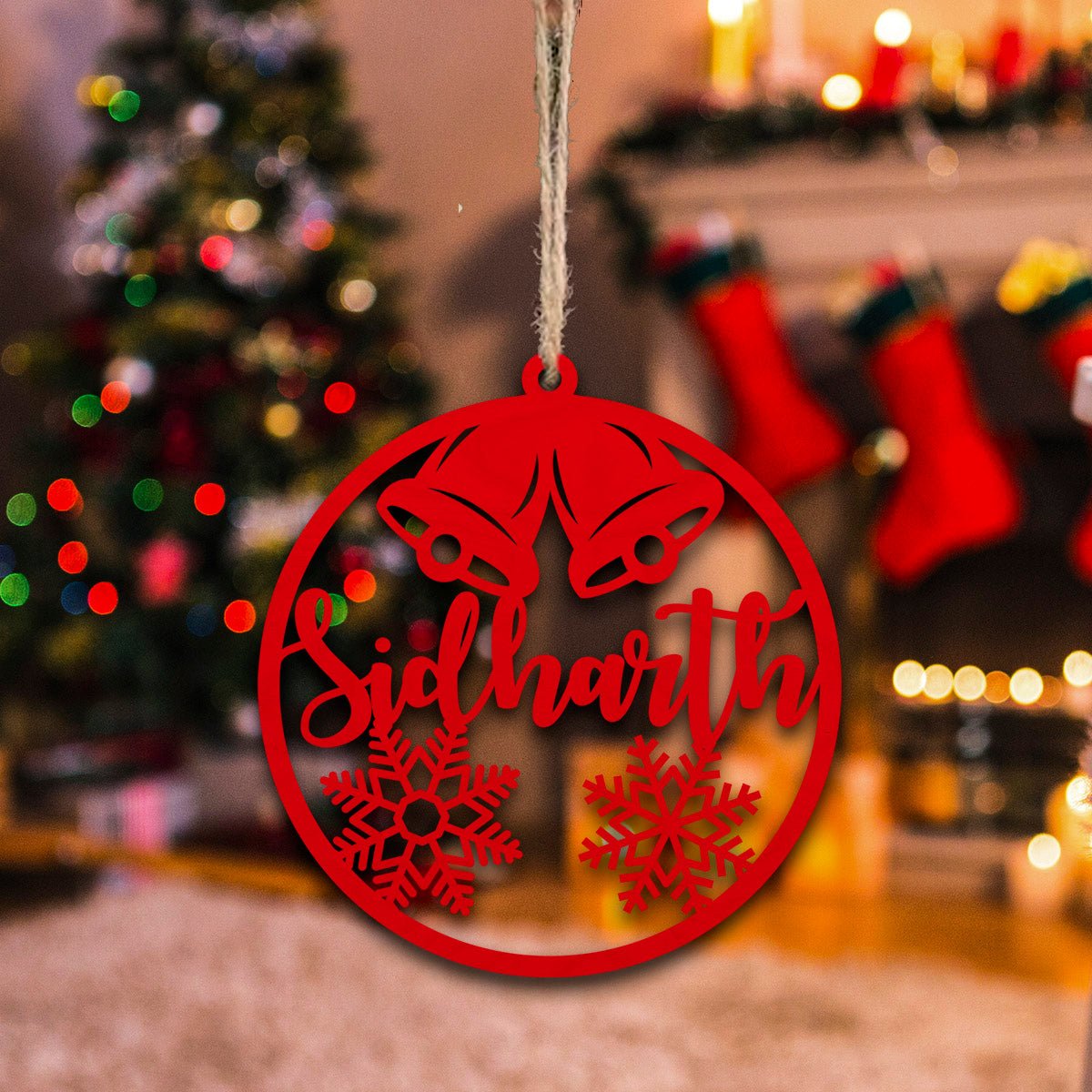 Twin Bell Christmas Ornament in Wood with Laser Cut Custom Name - Sblossom
