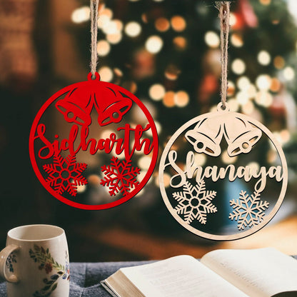 Twin Bell Christmas Ornament in Wood with Laser Cut Custom Name - Sblossom