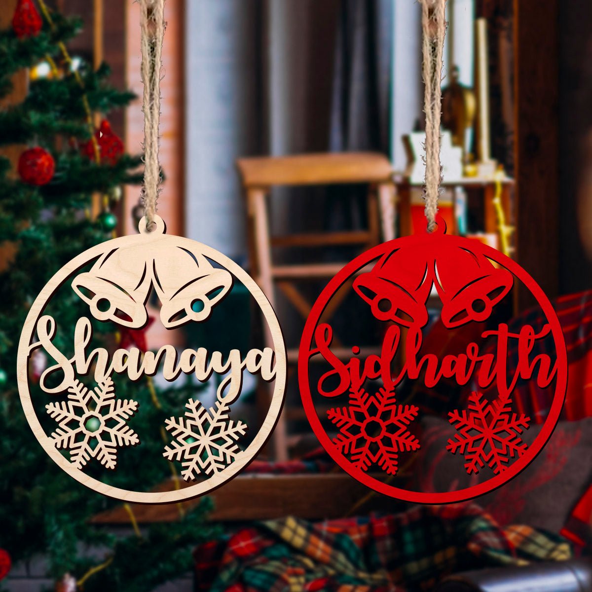 Twin Bell Christmas Ornament in Wood with Laser Cut Custom Name - Sblossom