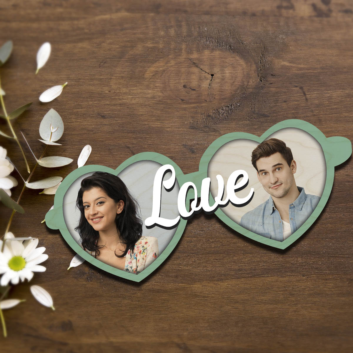 Twin Heart Couple Magnet in Wood with Love Cutout Photo Design - Sblossom