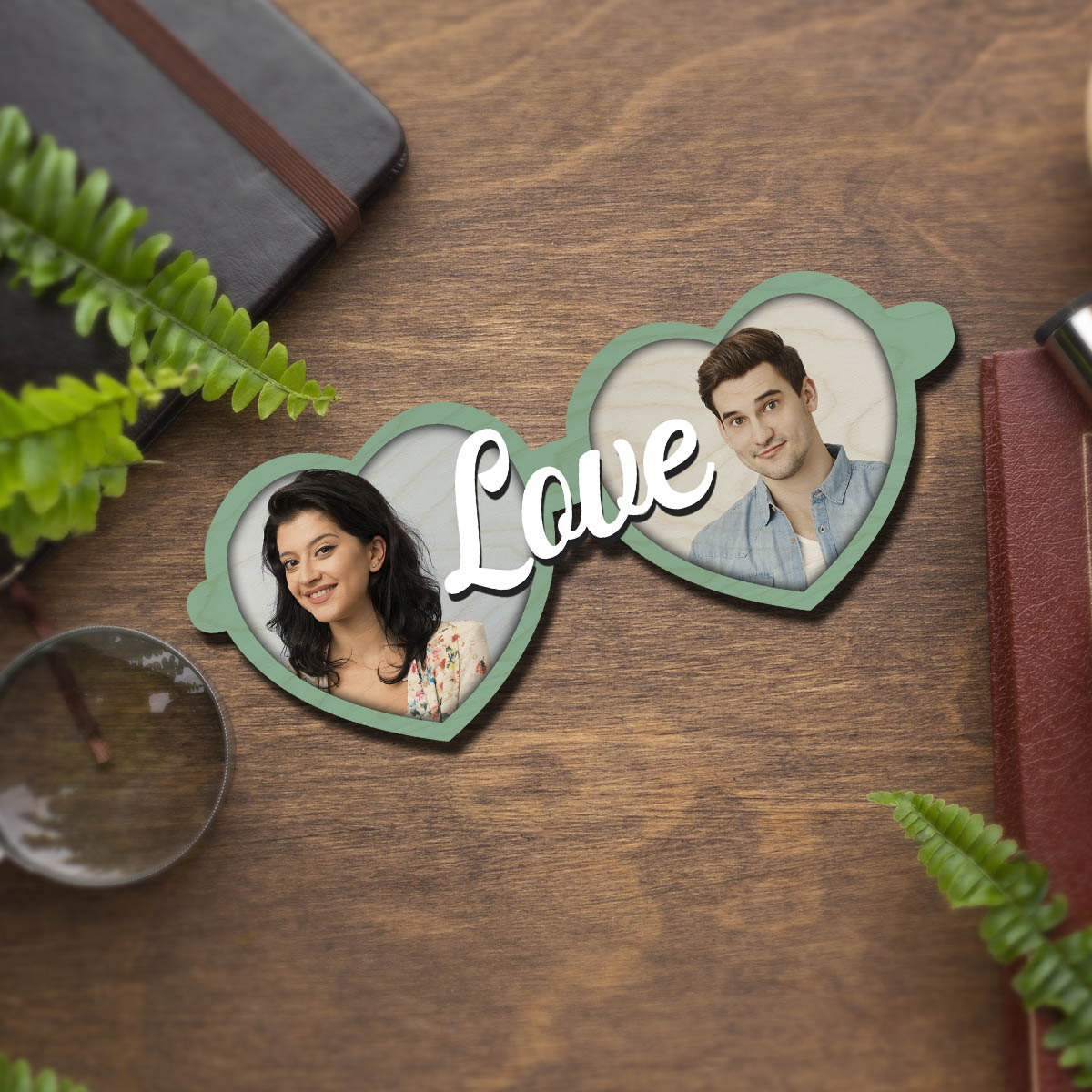 Twin Heart Couple Magnet in Wood with Love Cutout Photo Design - Sblossom