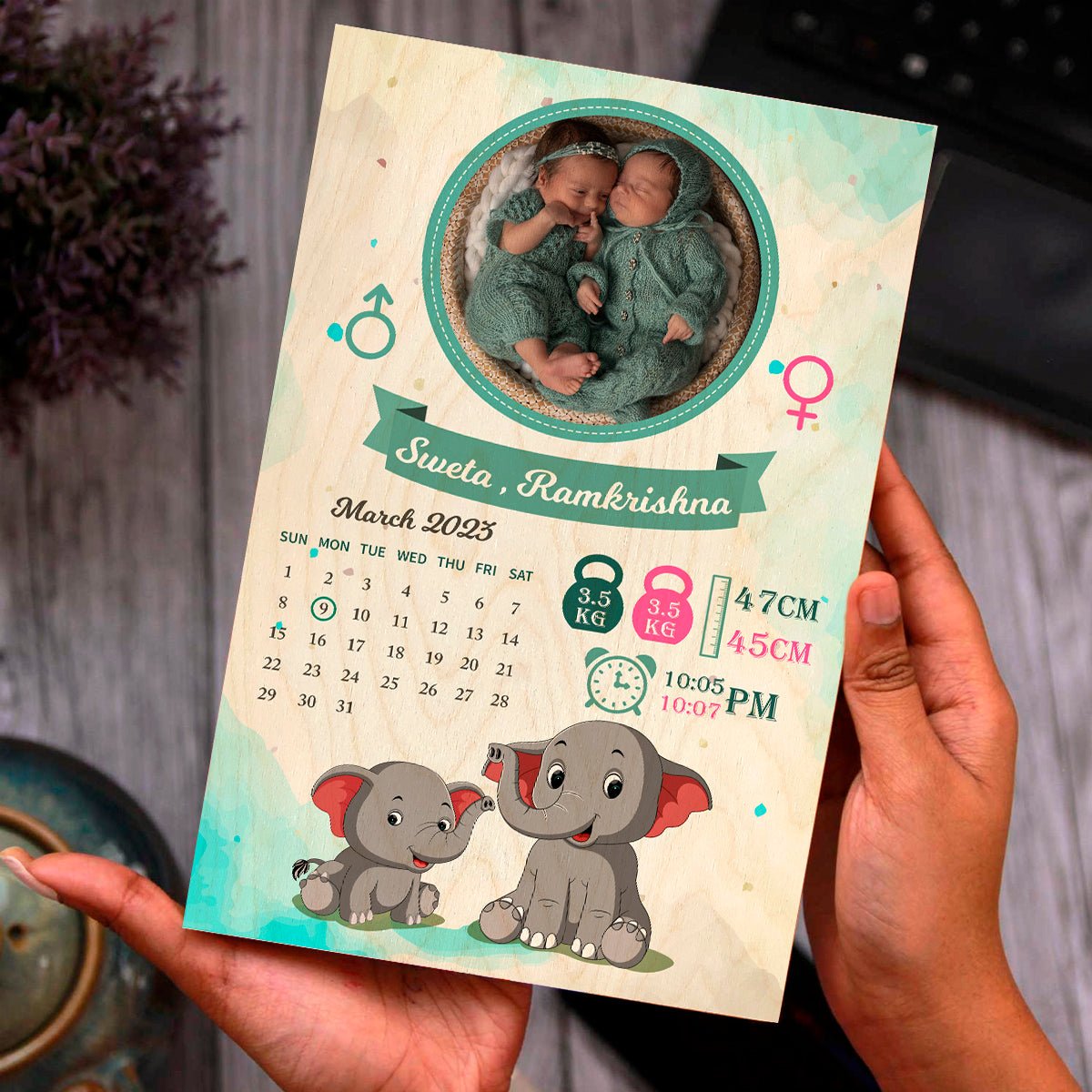 Twins Baby Birth Details Wood Print with Personalized Elephant Design - Sblossom