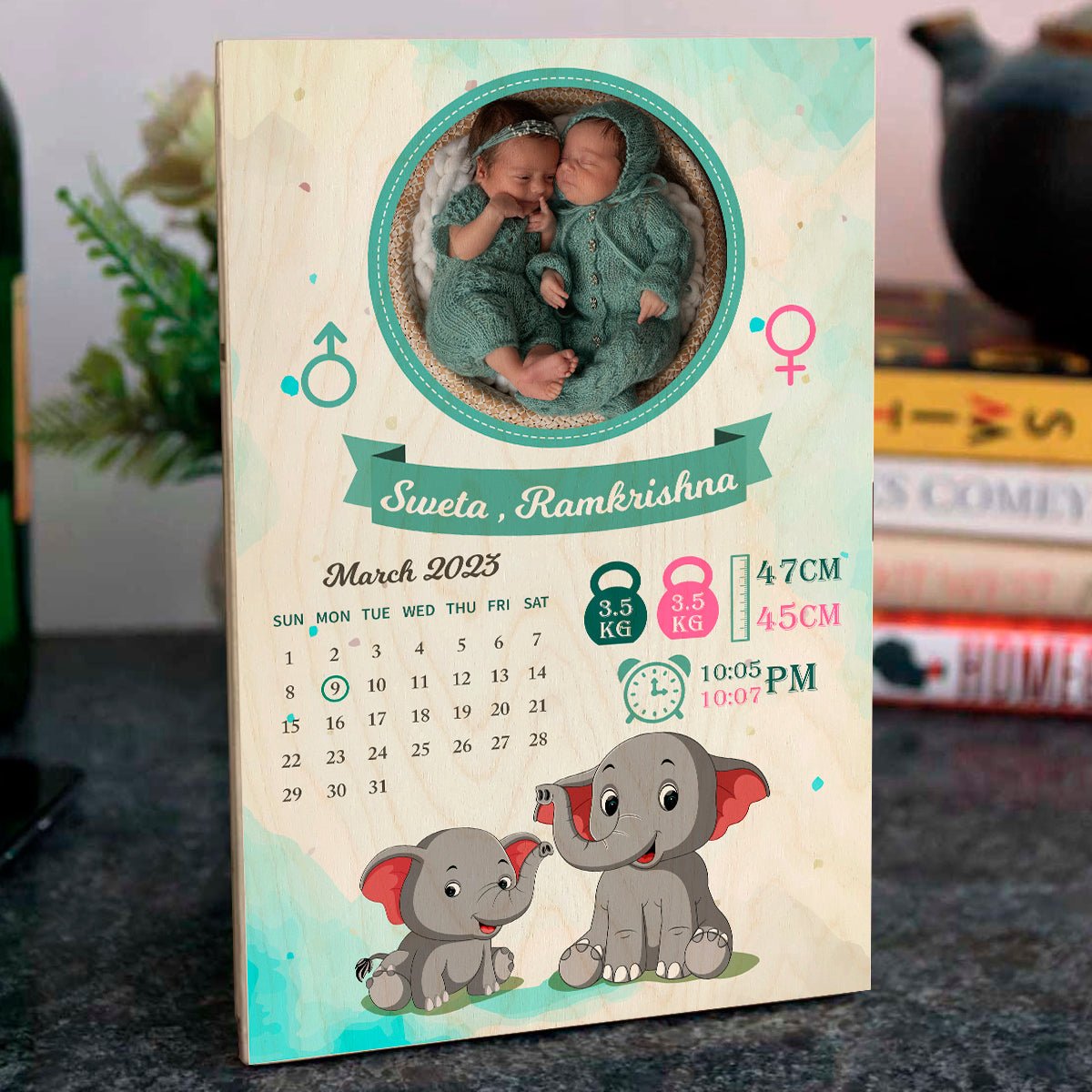 Twins Baby Birth Details Wood Print with Personalized Elephant Design - Sblossom