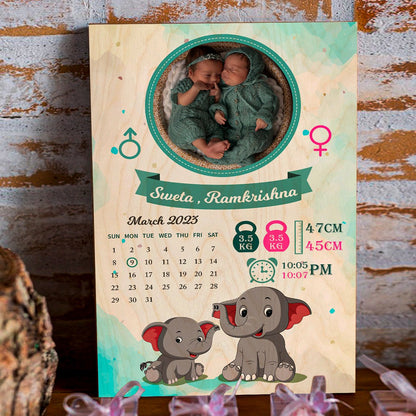 Twins Baby Birth Details Wood Print with Personalized Elephant Design - Sblossom