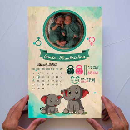 Twins Baby Birth Details Wood Print with Personalized Elephant Design - Sblossom