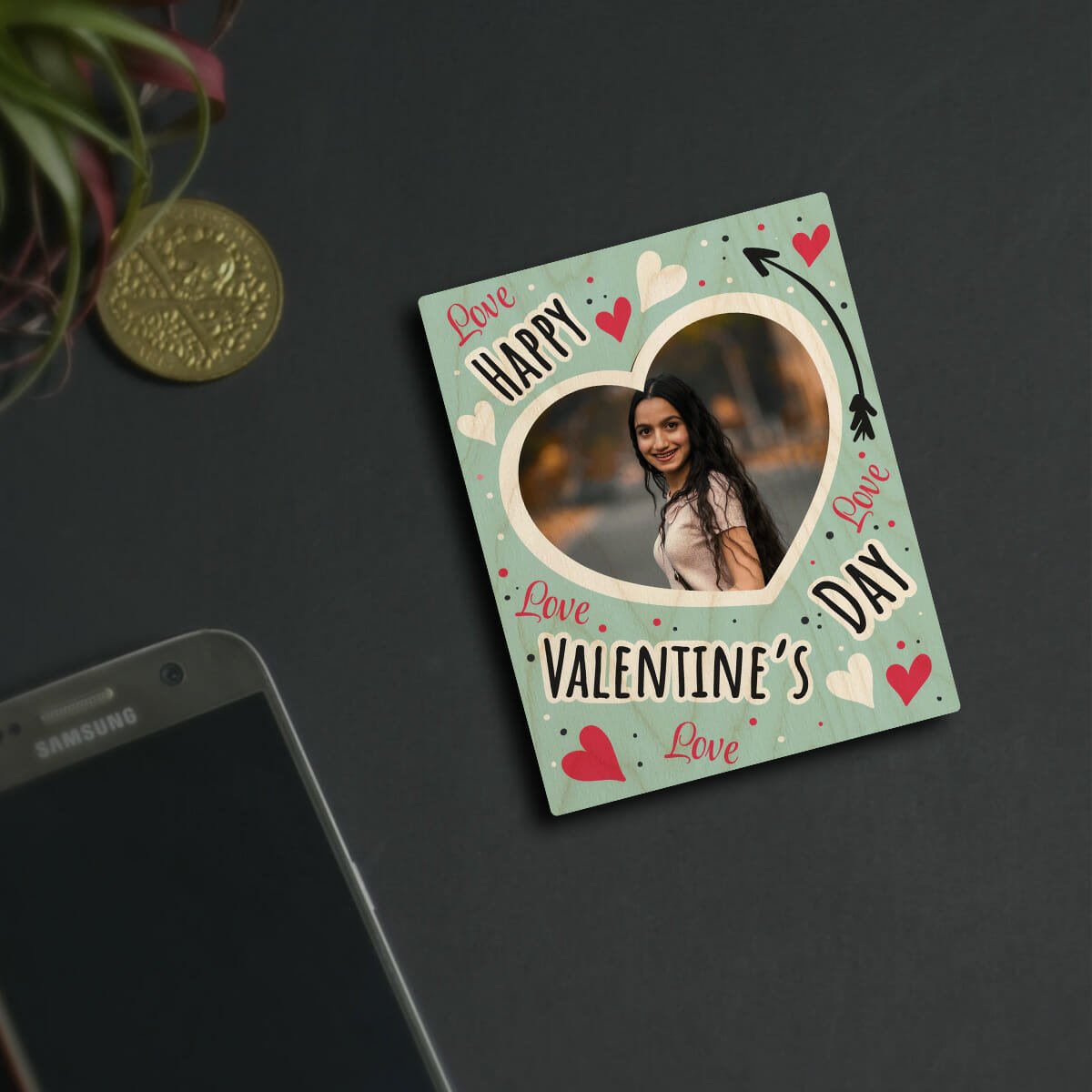 Valentine Doodle Fridge Magnet in Wood with Mint Green Photo - Sblossom
