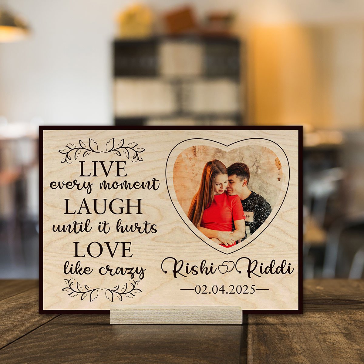 Valentine Photo Stand in Wood with Personalized Live Laugh Love - Sblossom