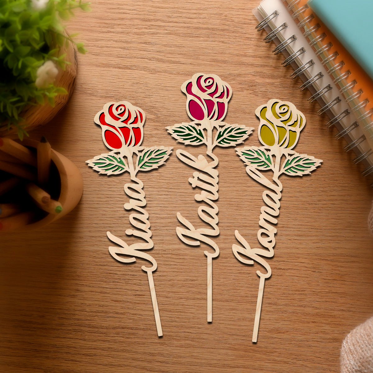 Valentine Wooden Rose with Personalized Laser Cut Name Design - Sblossom