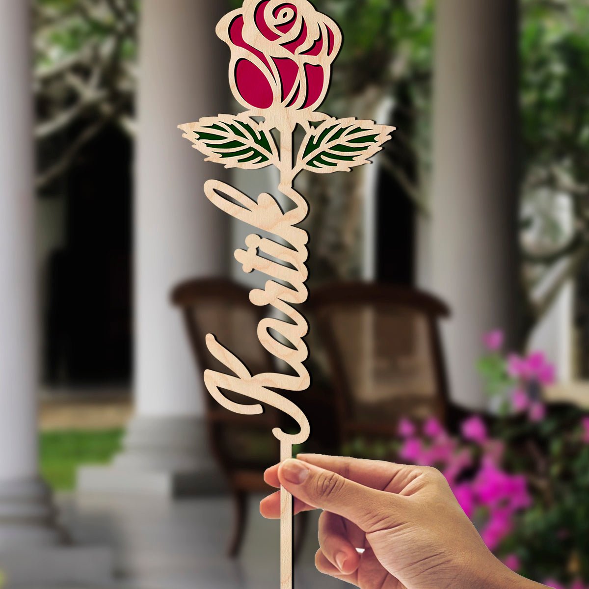 Valentine Wooden Rose with Personalized Laser Cut Name Design - Sblossom