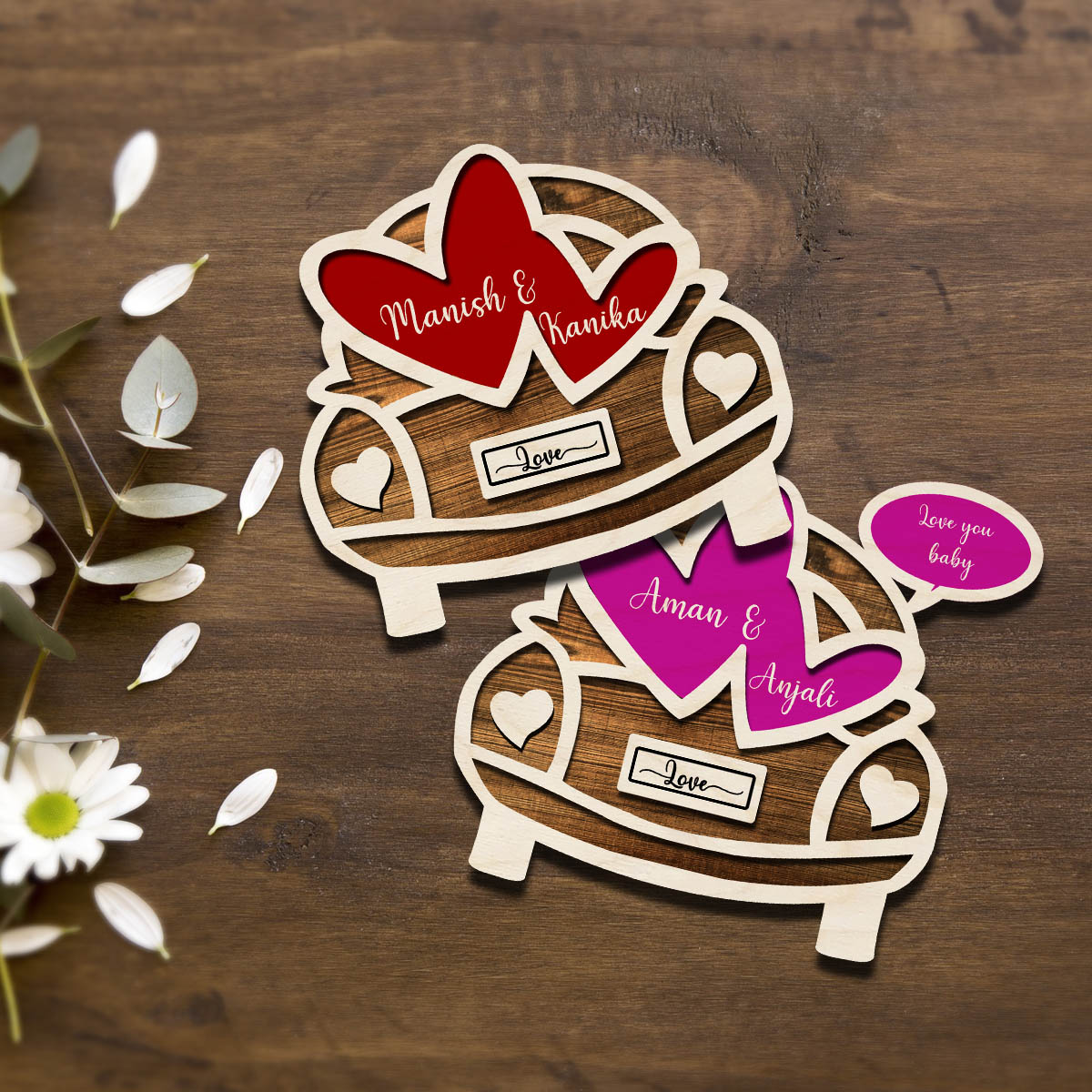 Vintage Car Couple Magnet in Wood with Names and Hearts Design - Sblossom