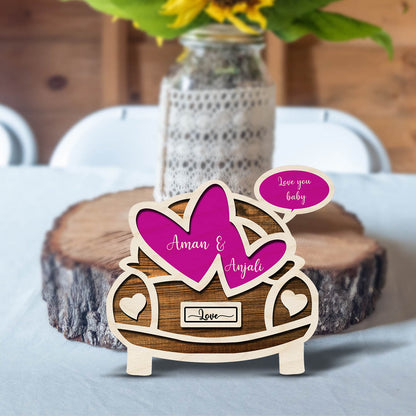 Vintage Car Couple Magnet in Wood with Names and Hearts Design - Sblossom