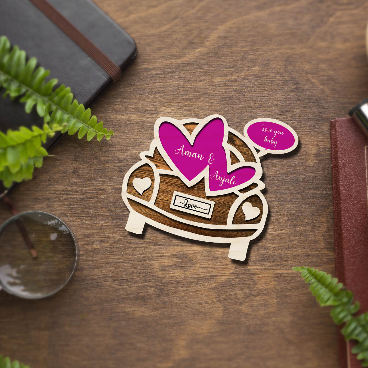 Vintage Car Couple Magnet in Wood with Names and Hearts Design - Sblossom