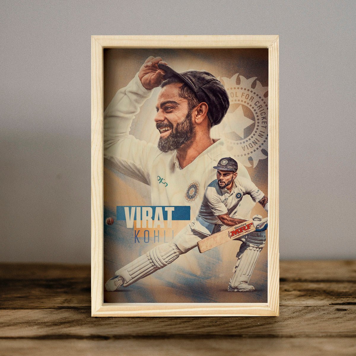 Virat Kohli Wooden Frame Wall Art with Vintage Cricket Portrait - Sblossom
