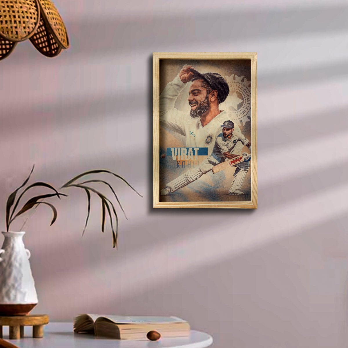 Virat Kohli Wooden Frame Wall Art with Vintage Cricket Portrait - Sblossom