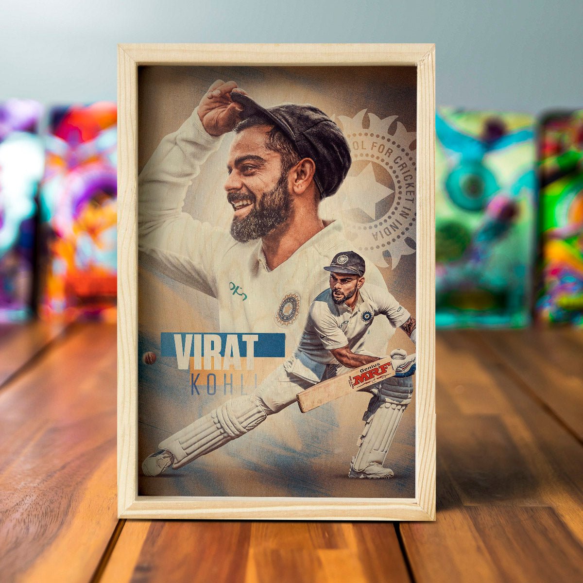 Virat Kohli Wooden Frame Wall Art with Vintage Cricket Portrait - Sblossom
