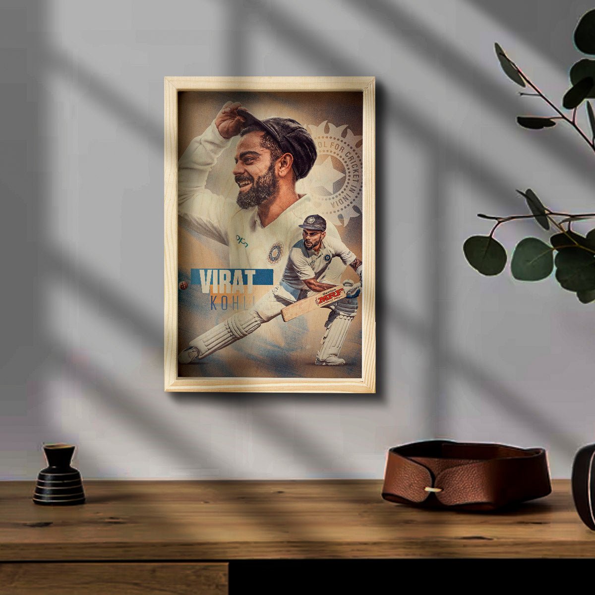 Virat Kohli Wooden Frame Wall Art with Vintage Cricket Portrait - Sblossom