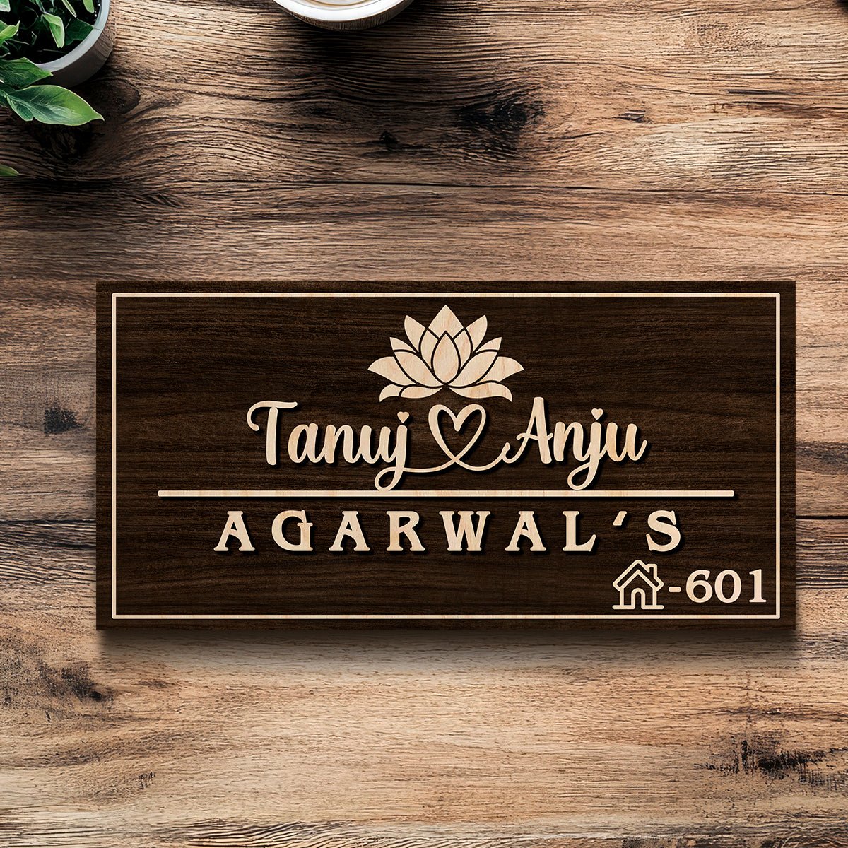 Wall Mounted Name Plates – Walnut Lotus Couple in 3D - Sblossom