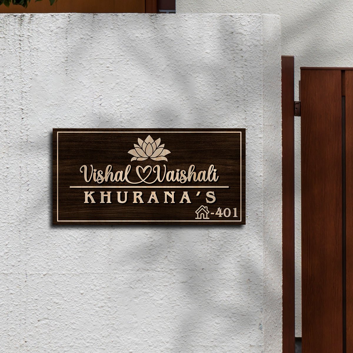 Wall Mounted Name Plates – Walnut Lotus Couple in 3D - Sblossom