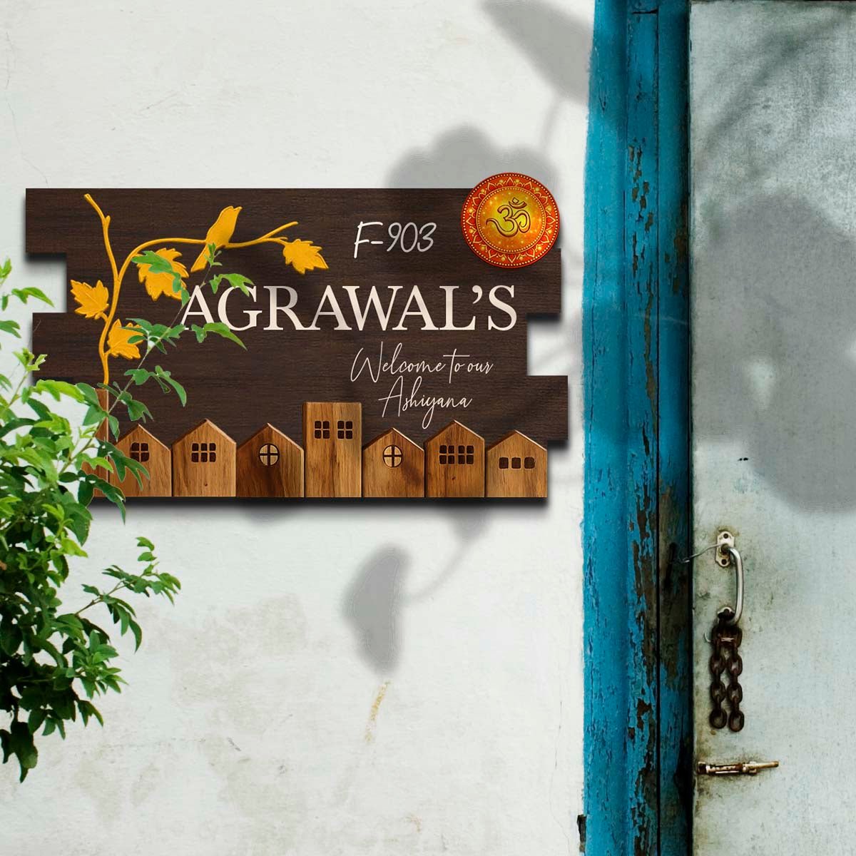 Walnut Wooden House Name Plate Design for Door - Sblossom