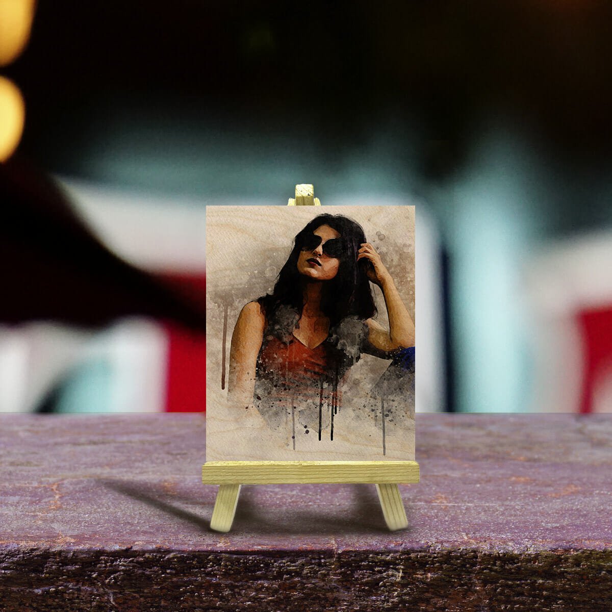 Watercolor Portrait Wood Print with Easel Stand and Custom Art - Sblossom