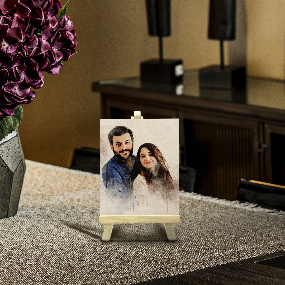Watercolor Portrait Wood Print with Easel Stand and Custom Art - Sblossom