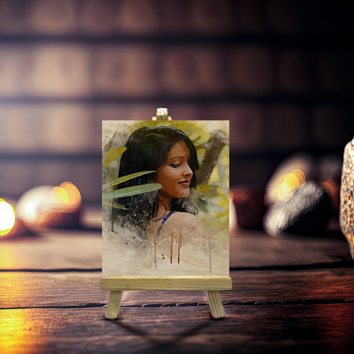 Watercolor Portrait Wood Print with Easel Stand and Custom Art - Sblossom