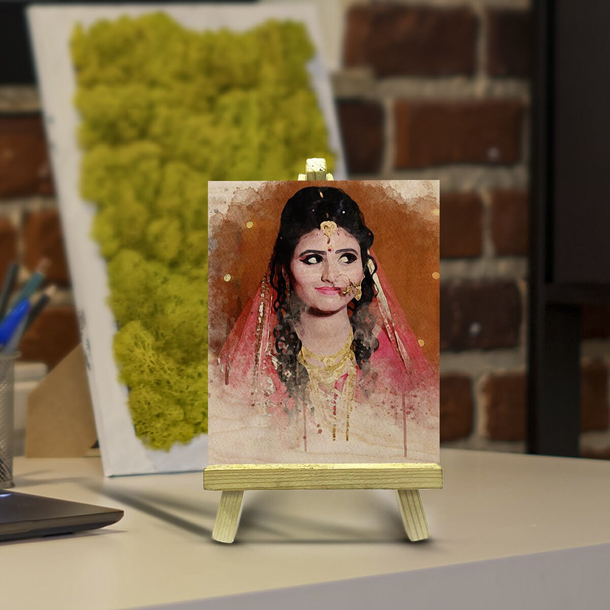 Watercolor Portrait Wood Print with Easel Stand and Custom Art - Sblossom