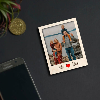 We Love Dad Fridge Magnet in Wood with Heart Cursive Photo Design, 4x3 Inch - Sblossom