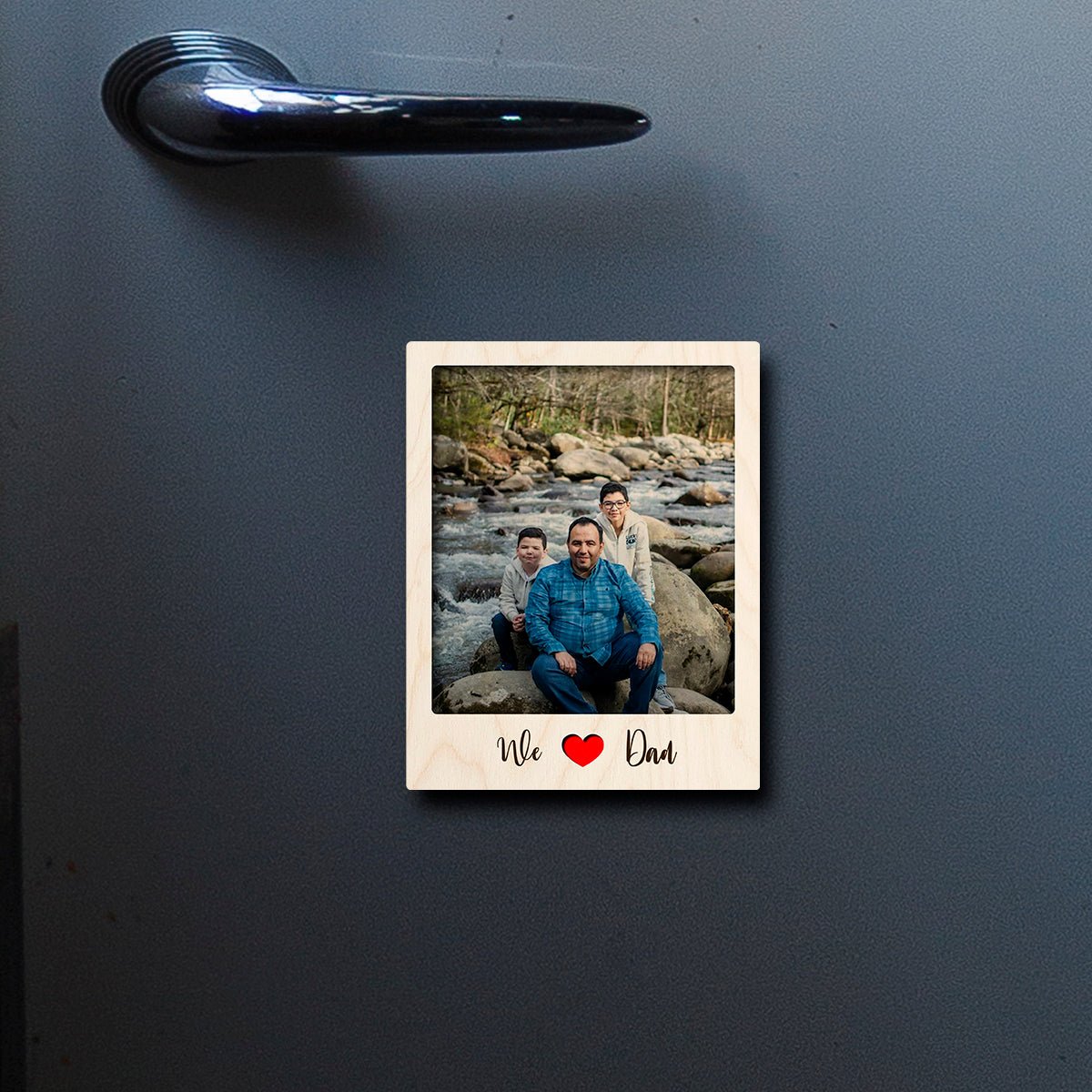 We Love Dad Fridge Magnet in Wood with Heart Cursive Photo Design, 4x3 Inch - Sblossom