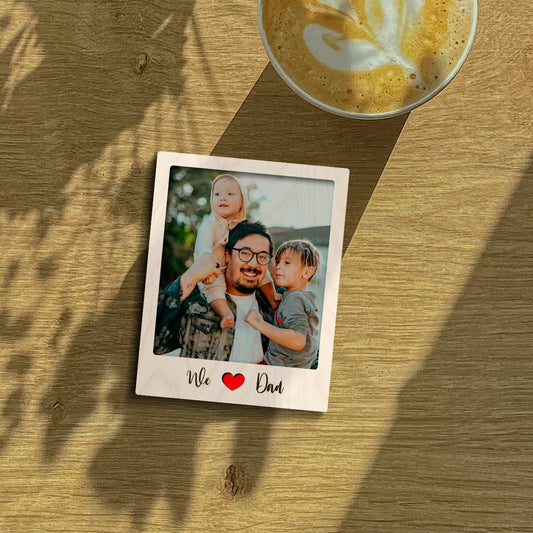 We Love Dad Fridge Magnet in Wood with Heart Cursive Photo Design, 4x3 Inch - Sblossom