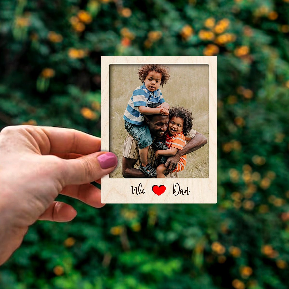 We Love Dad Fridge Magnet in Wood with Heart Cursive Photo Design, 4x3 Inch - Sblossom