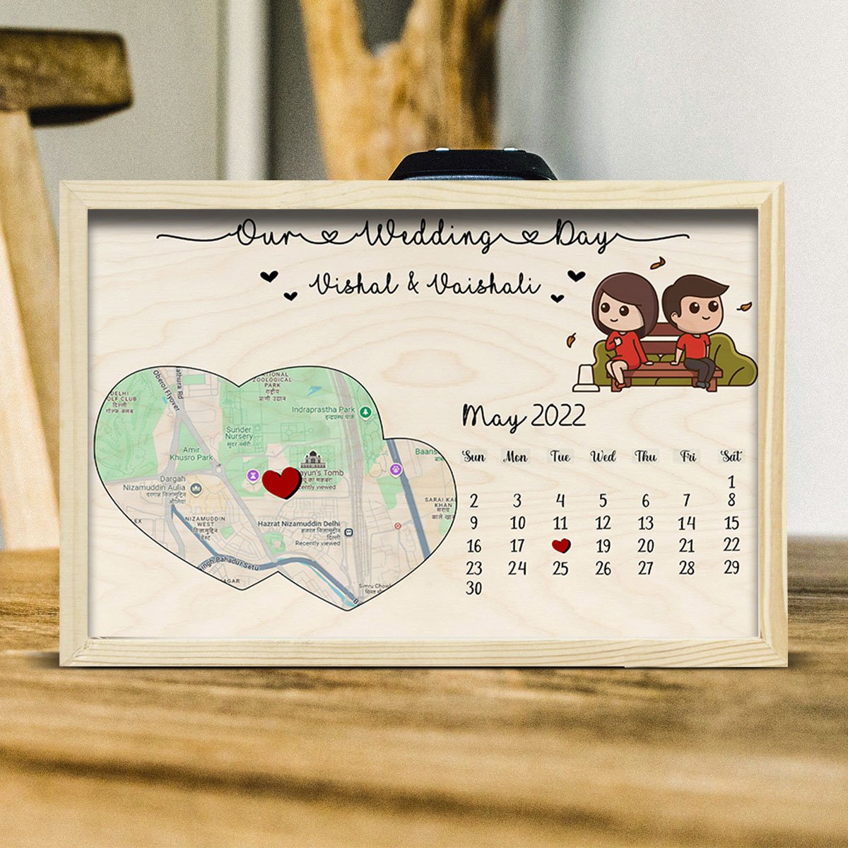 Wedding Day Map Frame in Wood with Personalized Location Design - Sblossom