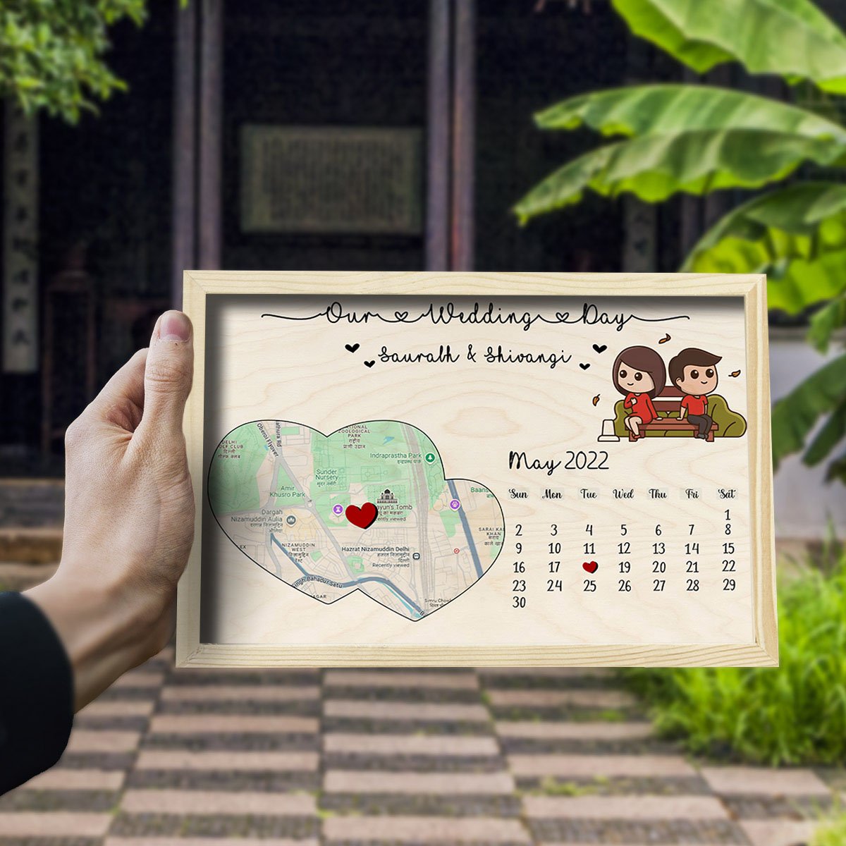 Wedding Day Map Frame in Wood with Personalized Location Design - Sblossom