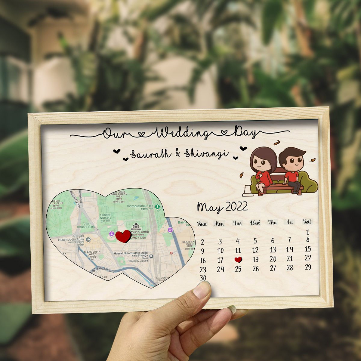 Wedding Day Map Frame in Wood with Personalized Location Design - Sblossom