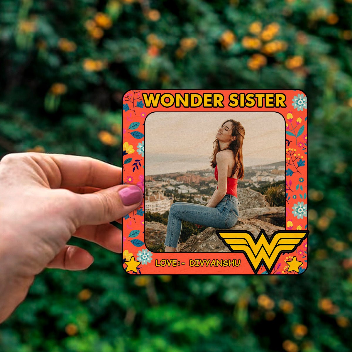 Wonder Sister Floral Magnet in Wood with Personalized Photo Print - Sblossom