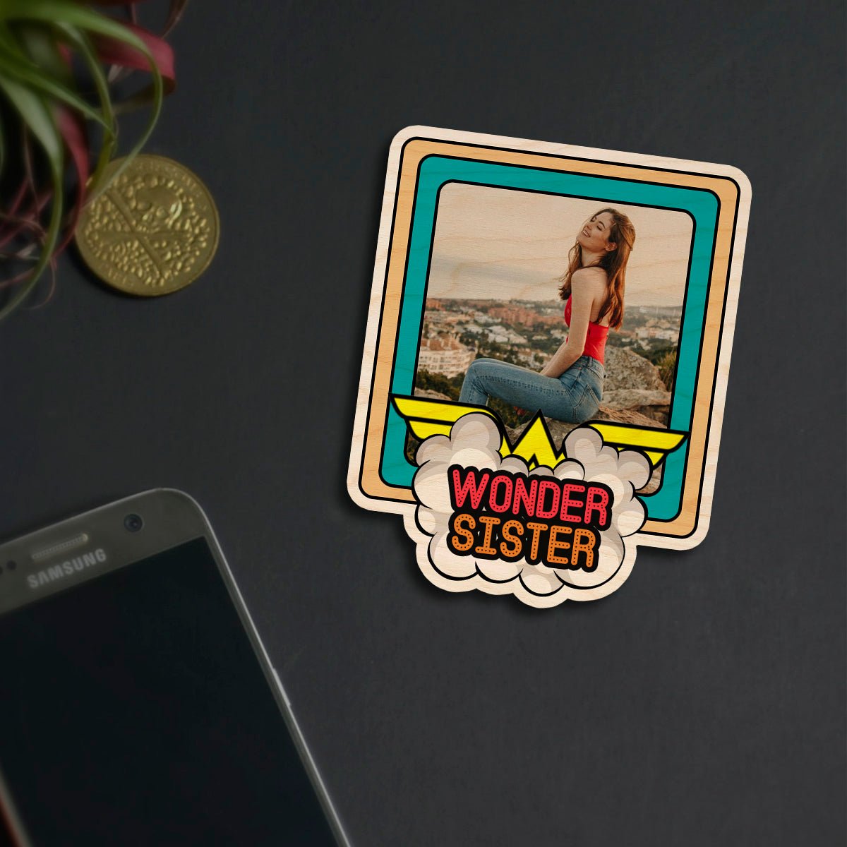 Wonder Sister Fridge Magnet in Wood with Comic Teal Photo - Sblossom