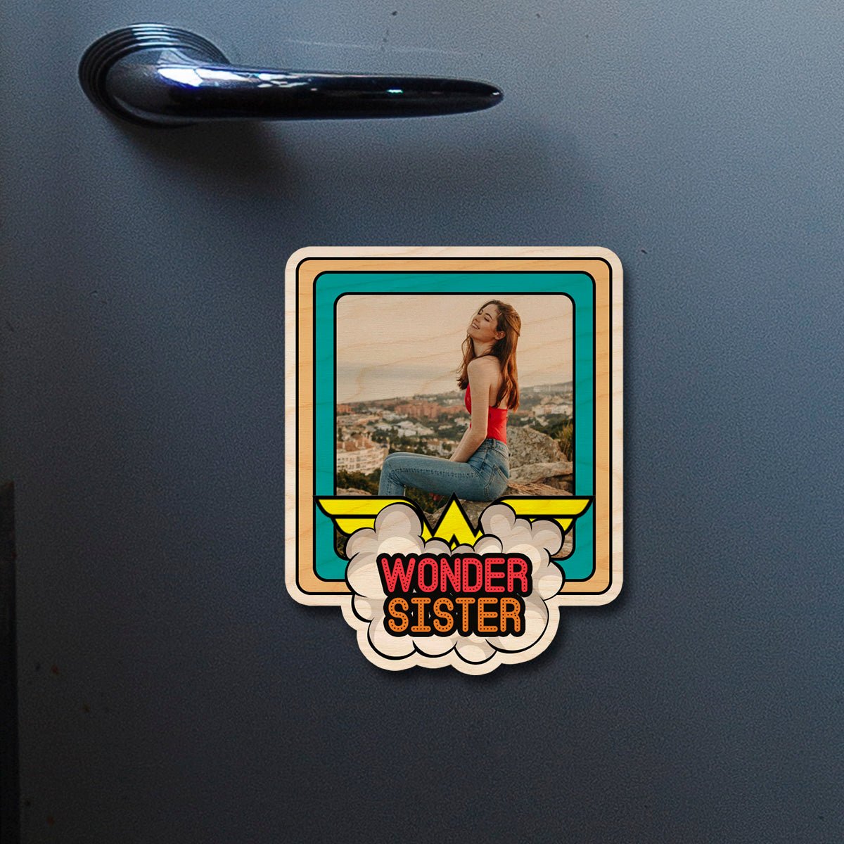 Wonder Sister Fridge Magnet in Wood with Comic Teal Photo - Sblossom
