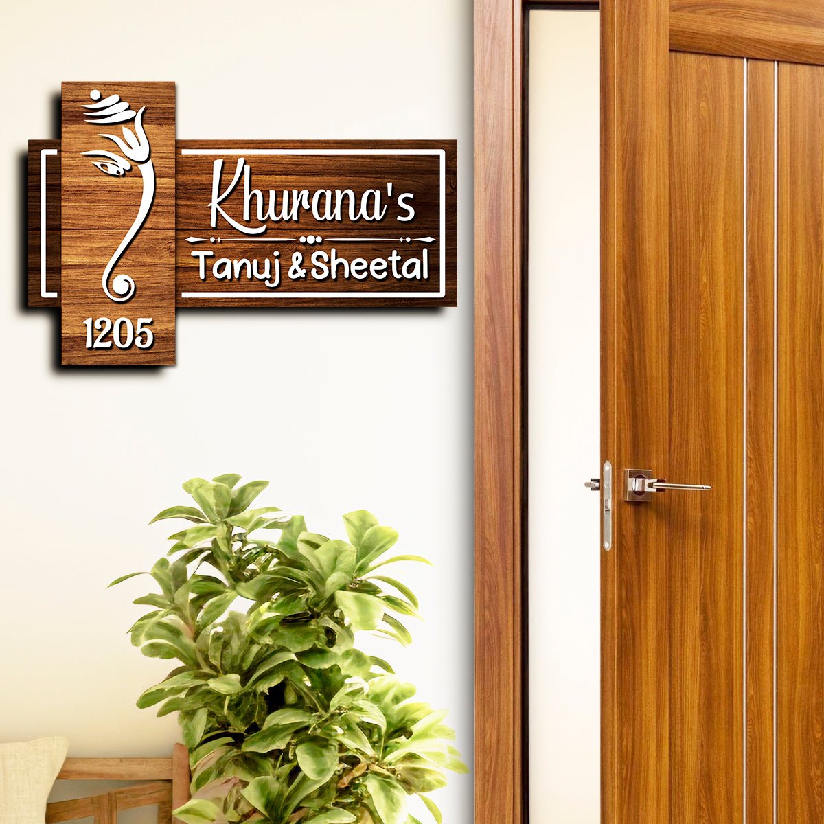 Wood Name Plate for Door – Cross-Panel Ganesha in 3D - Sblossom