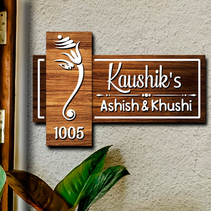 Wood Name Plate for Door – Cross-Panel Ganesha in 3D - Sblossom