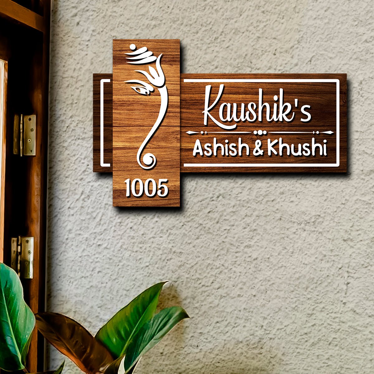 Wood Name Plate for Door – Cross-Panel Ganesha in 3D - Sblossom
