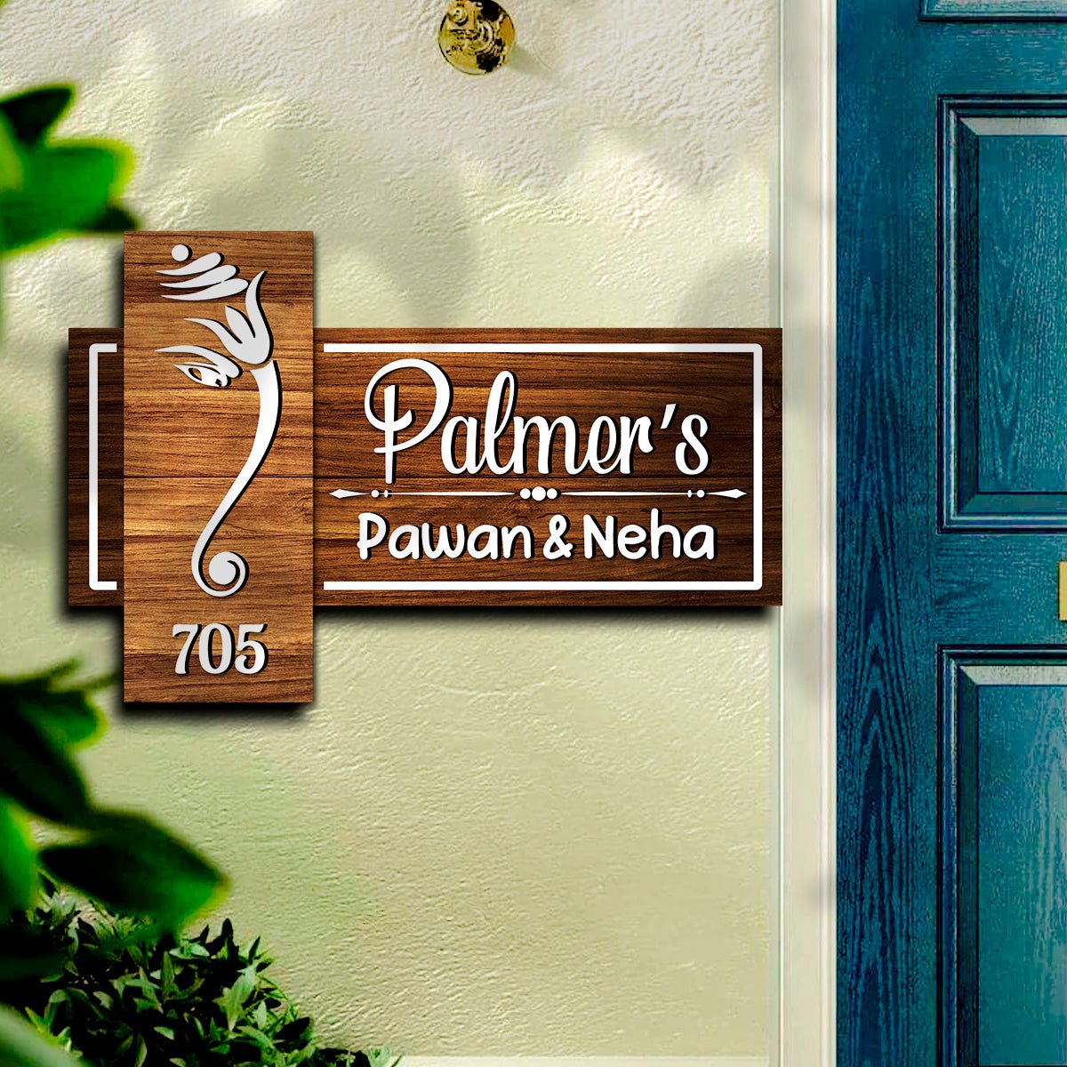 Wood Name Plate for Door – Cross-Panel Ganesha in 3D - Sblossom