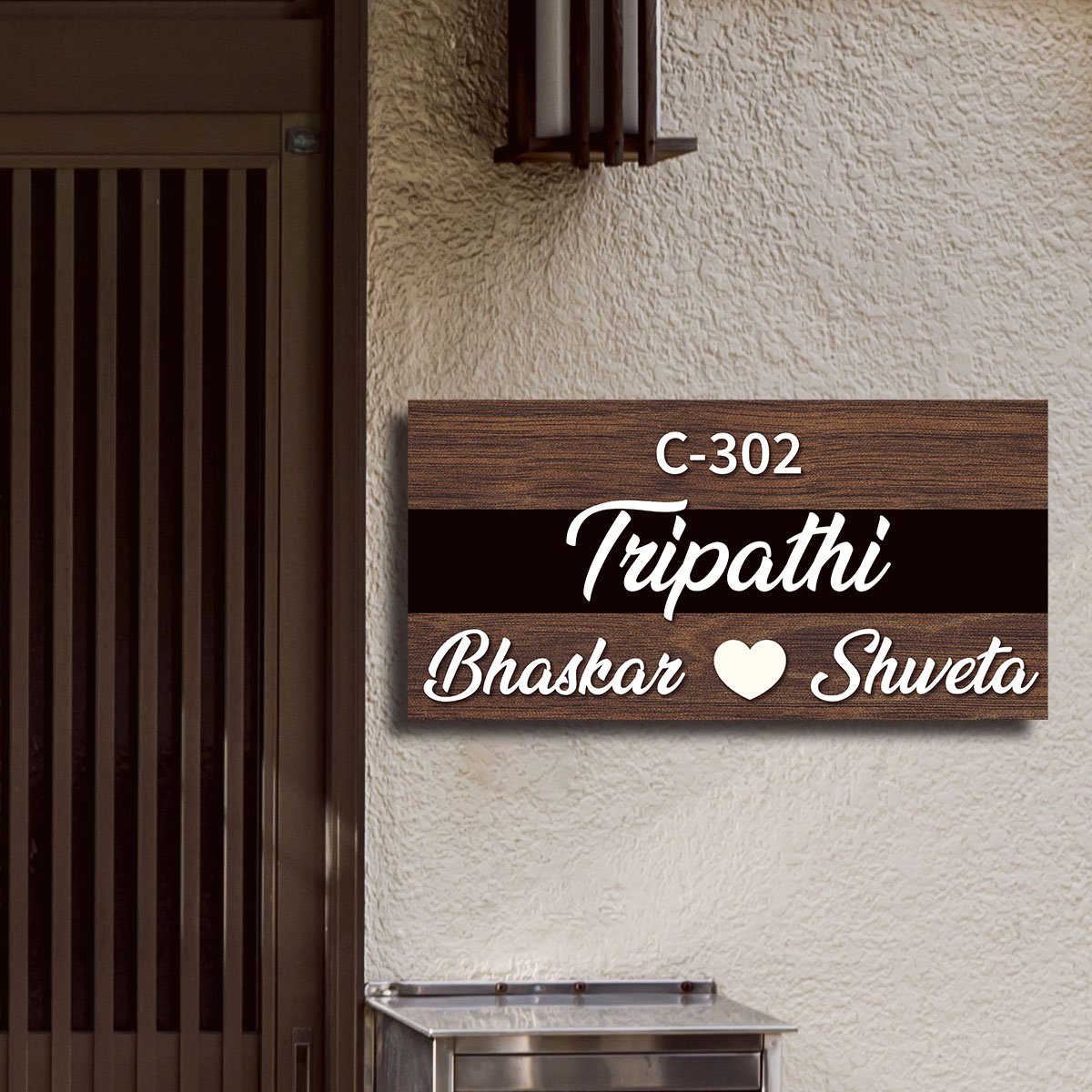 Wooden 3D Name Plate – Couple with Surname Band - Sblossom