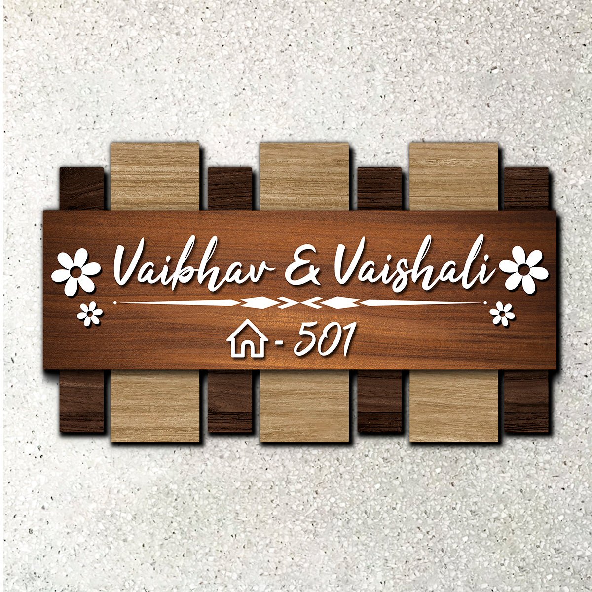Wooden Couple Name Plate – Walnut Slat Design for Door - Sblossom