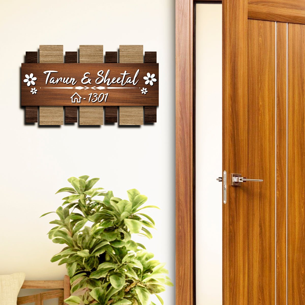 Wooden Couple Name Plate – Walnut Slat Design for Door - Sblossom