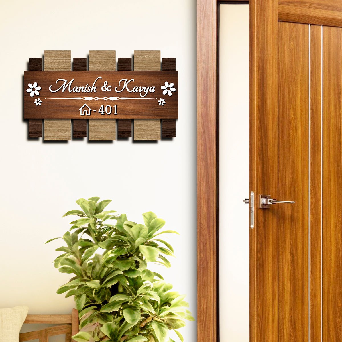 Wooden Couple Name Plate – Walnut Slat Design for Door - Sblossom